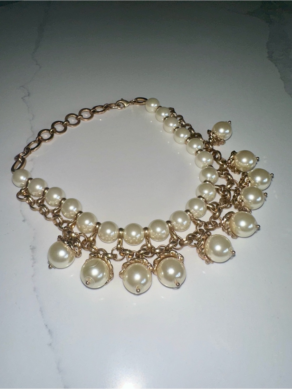 Pearl Charm Statement Choker Necklace - Gold Tone